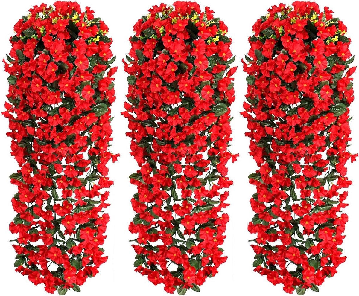 Kunstmatige Hangplanten met Paarse Morning Glory - 3 Stuks Silk Bloemen voor Balkon, Tuin en Binnengebruik