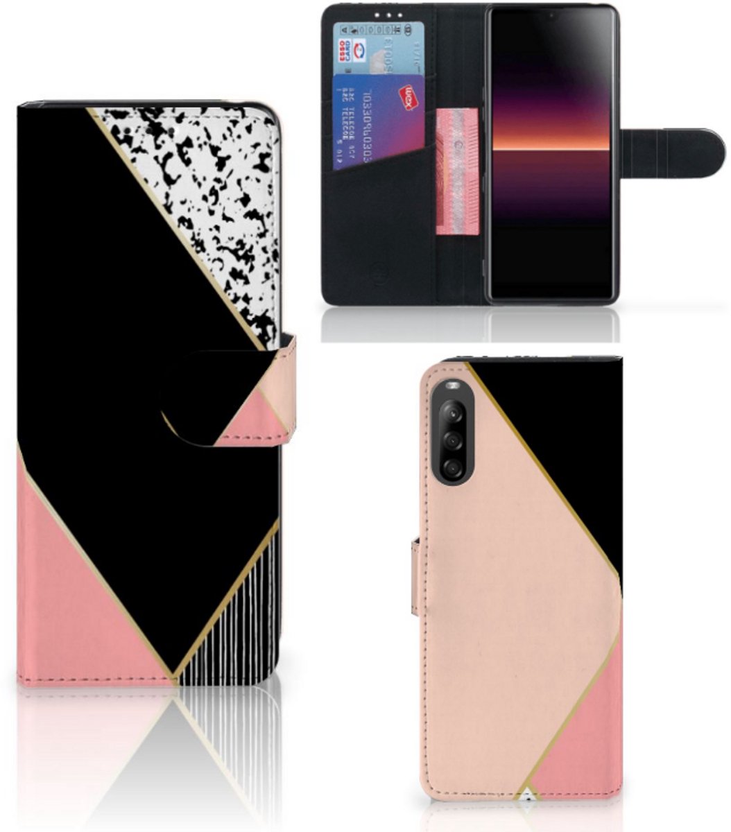 Sony Xperia L4 Book Case Zwart Roze Vormen