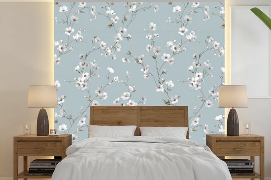 Behang - Fotobehang Klassiek - Bloemen - Blauw - Breedte 300 cm x hoogte 300 cm