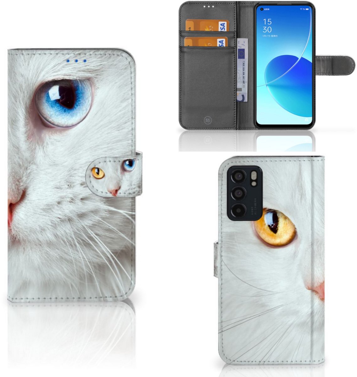 OPPO Reno6 5G Telefoonhoesje met Pasjes Witte Kat