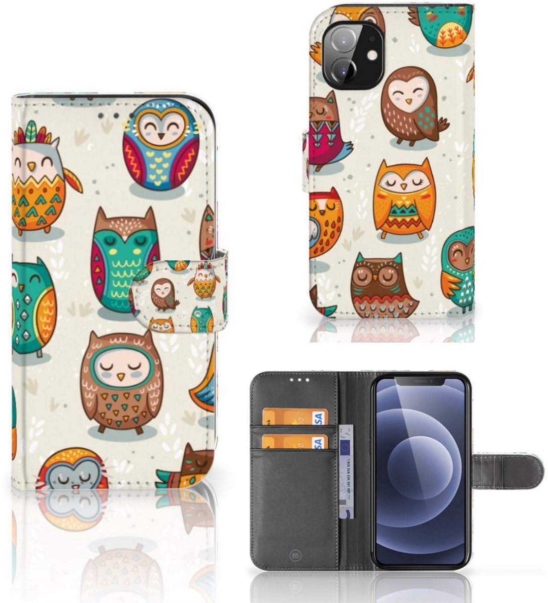 Apple iPhone 12 Mini Telefoonhoesje met Pasjes Vrolijke Uilen