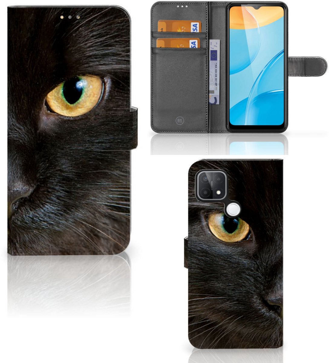 Book Case voor OPPO A15 Telefoonhoesje met Pasjes Zwarte Kat