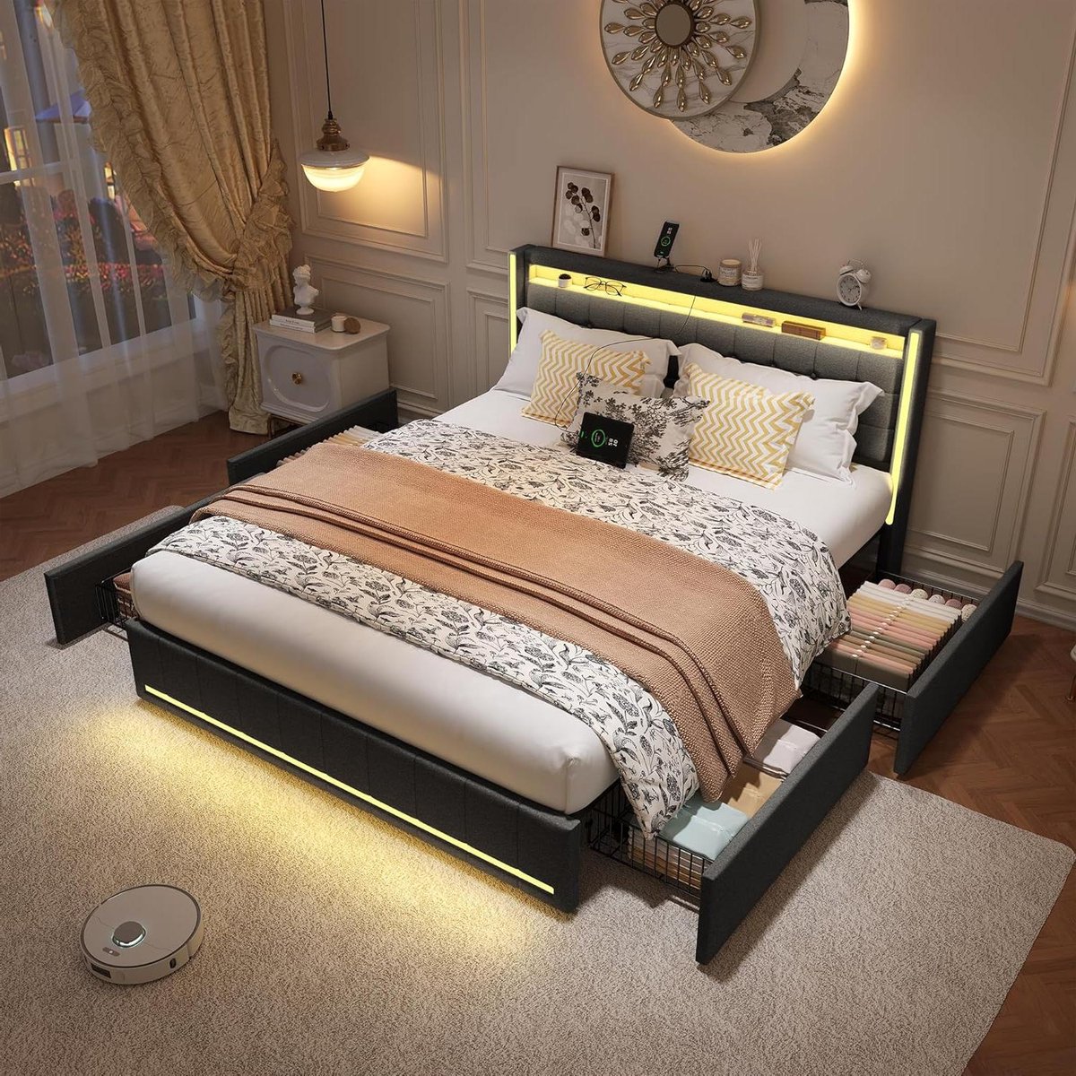 Gewatteerd tweepersoonsbed, 140 x 200, ladebed, kistbed met 4 laden en lattenbodem, hoofde