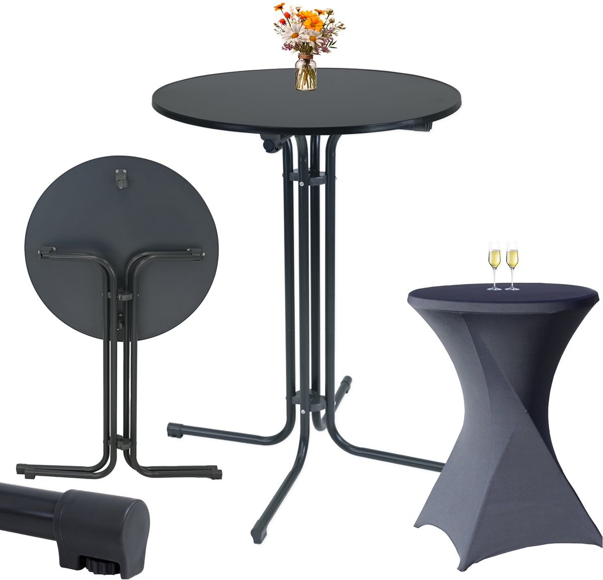 Set klapbare bartafel Ø 80 cm in antraciet & hoes afwasbaar non-iron in antraciet voor bistrotafel