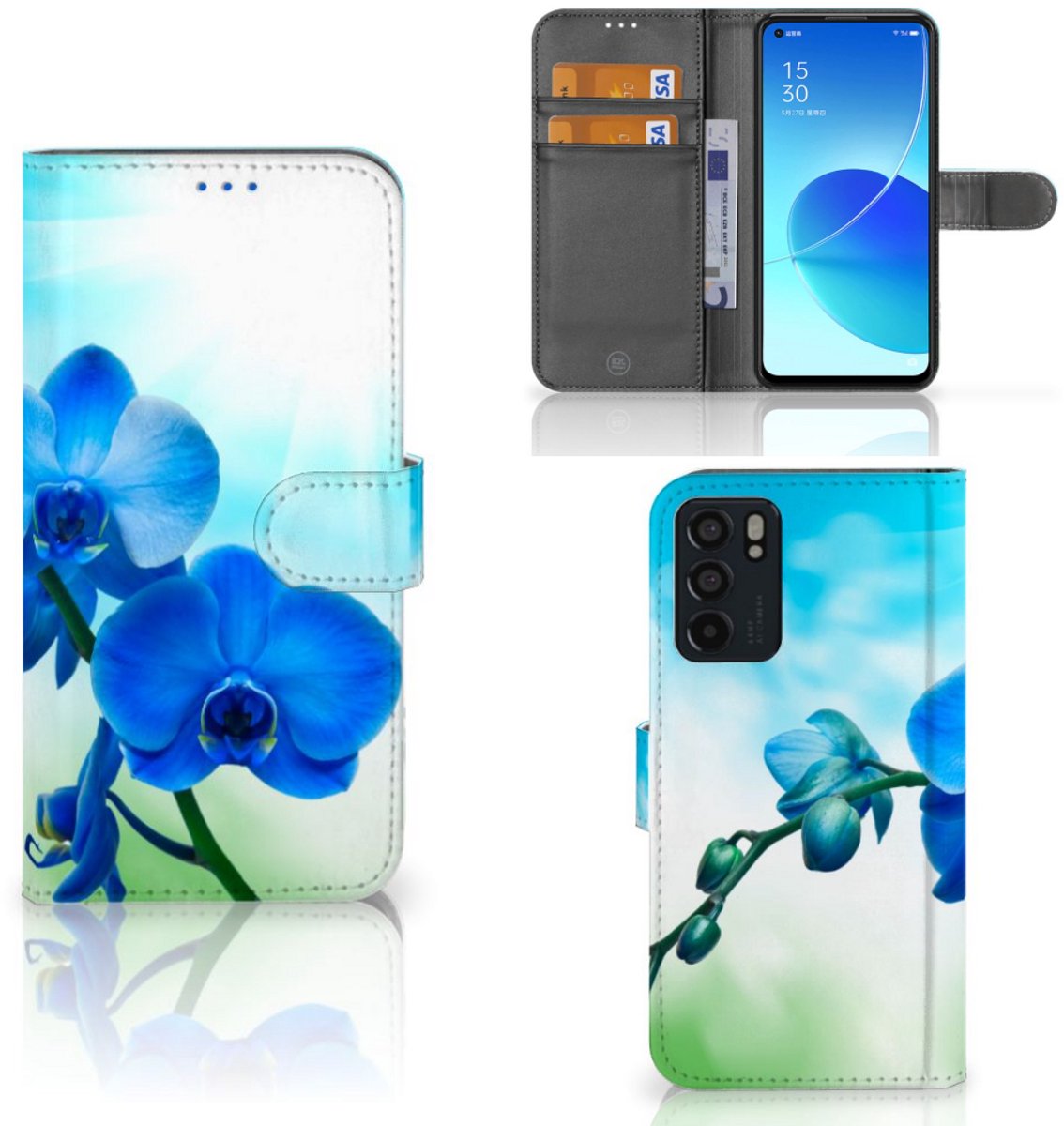 Book Case voor OPPO Reno6 5G Hoesje Orchidee Blauw - Cadeau voor je Moeder