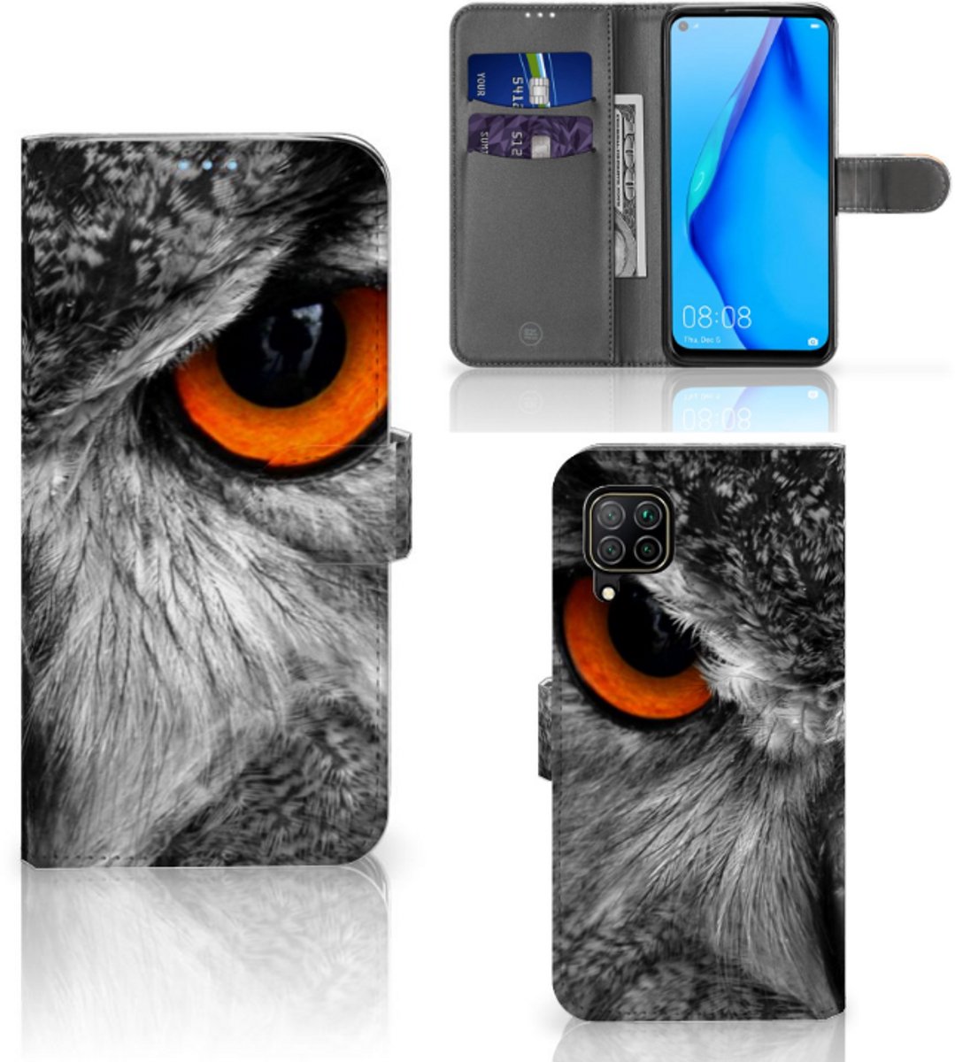Huawei P40 Lite Telefoonhoesje met Pasjes Uil