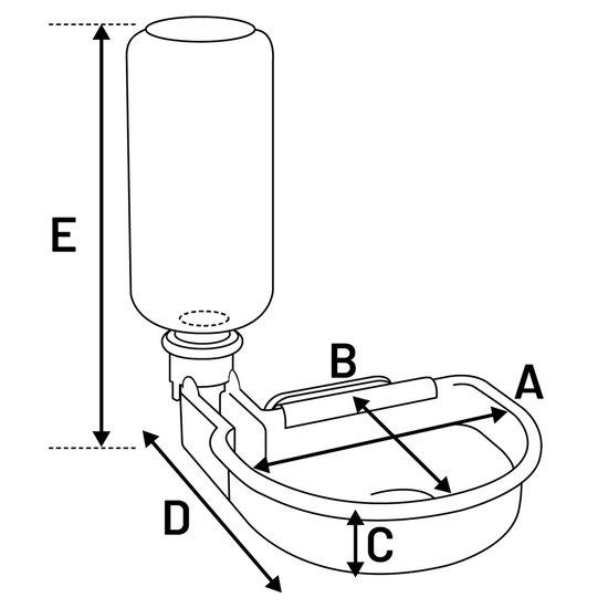 Technische tekening van een grijze drinkbak met een heldere fles met afmetingen A, B, C, D, E.