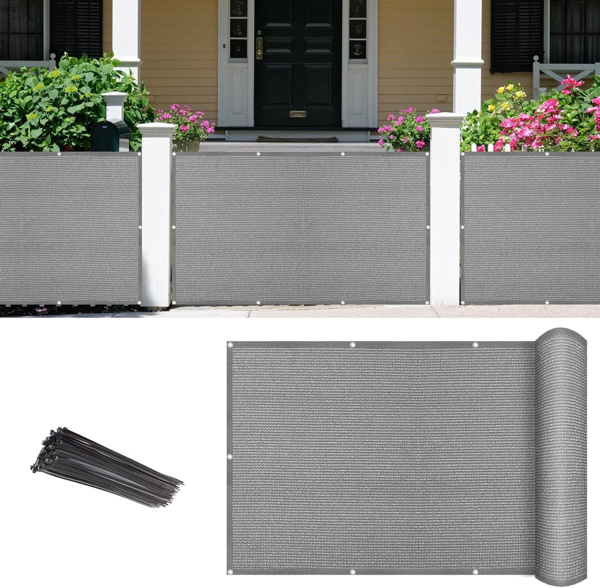2'6" x 15' grijs hek scherm balkon privacy scherm schaduw gaas doek met doorvoertules voor appartement, terras, achtertuin, veranda, reling - aangepast formaat