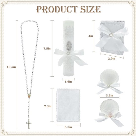 Christening Candle Set for Boys Girls, White 5 Pcs Kit Virgen De Guadalupe Catholic Candle, Christening Towel, Christening Shell, Rosary, Bible Baby Devotion Baptism Gift, Velas para Bautizo Niño — afbeelding 2