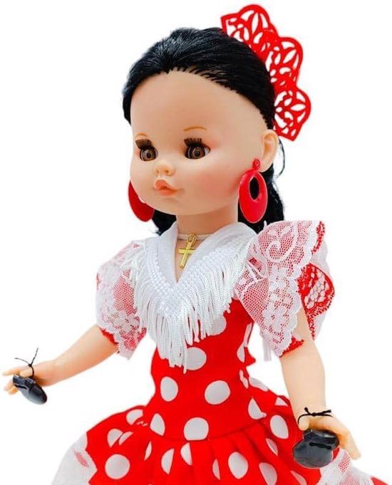 Folk Artesanía Set Nancy Classic Regional Pop Jurk met kammen, kastanjes en schoenen. Pop niet inbegrepen (rood wit maan) — afbeelding 3