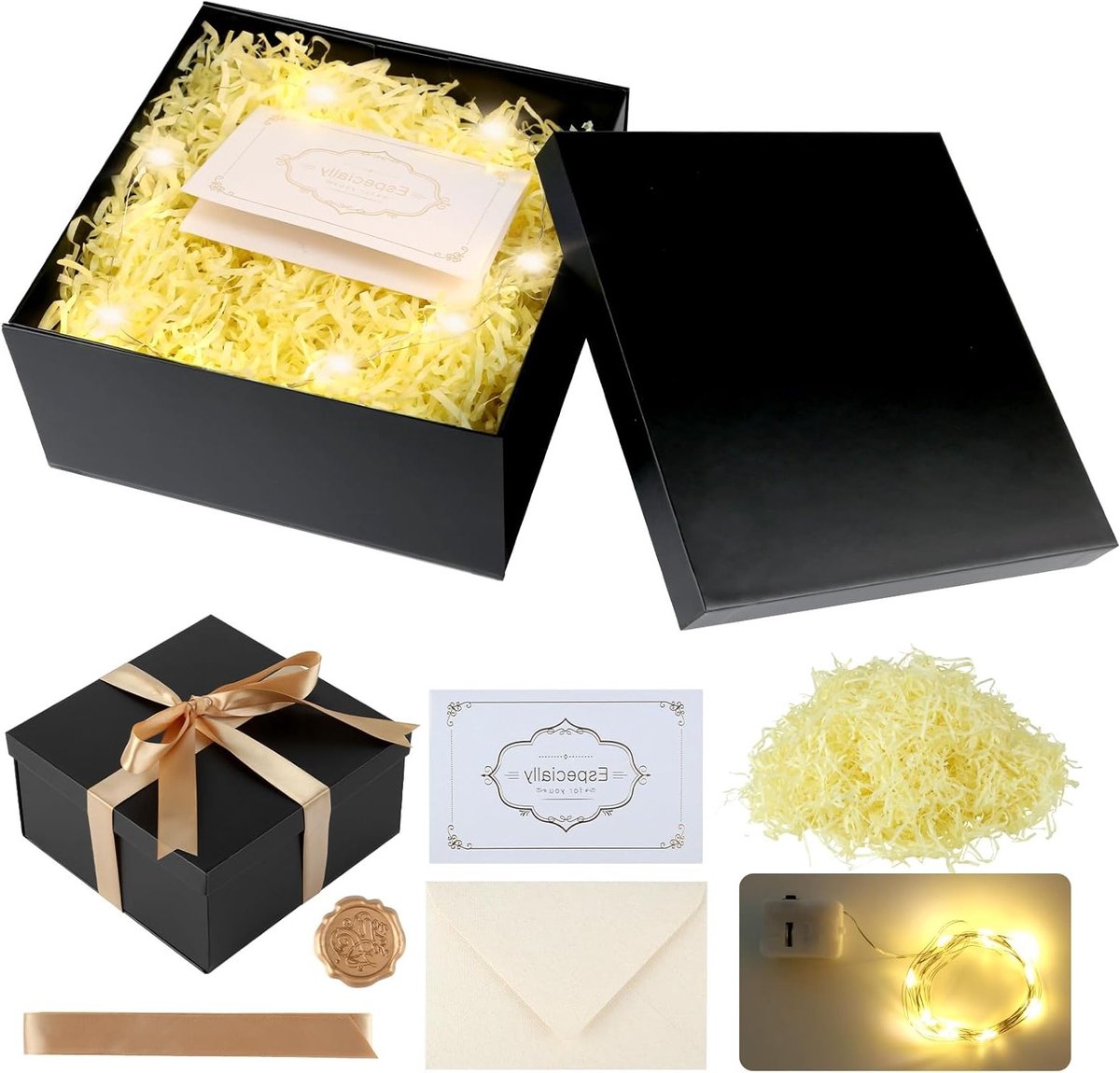 Opvouwbare geschenkdoos met dekselset, 20 x 20 x 10 cm, inclusief lint, wenskaart en led-licht voor verjaardag en bruiloft (zwart)