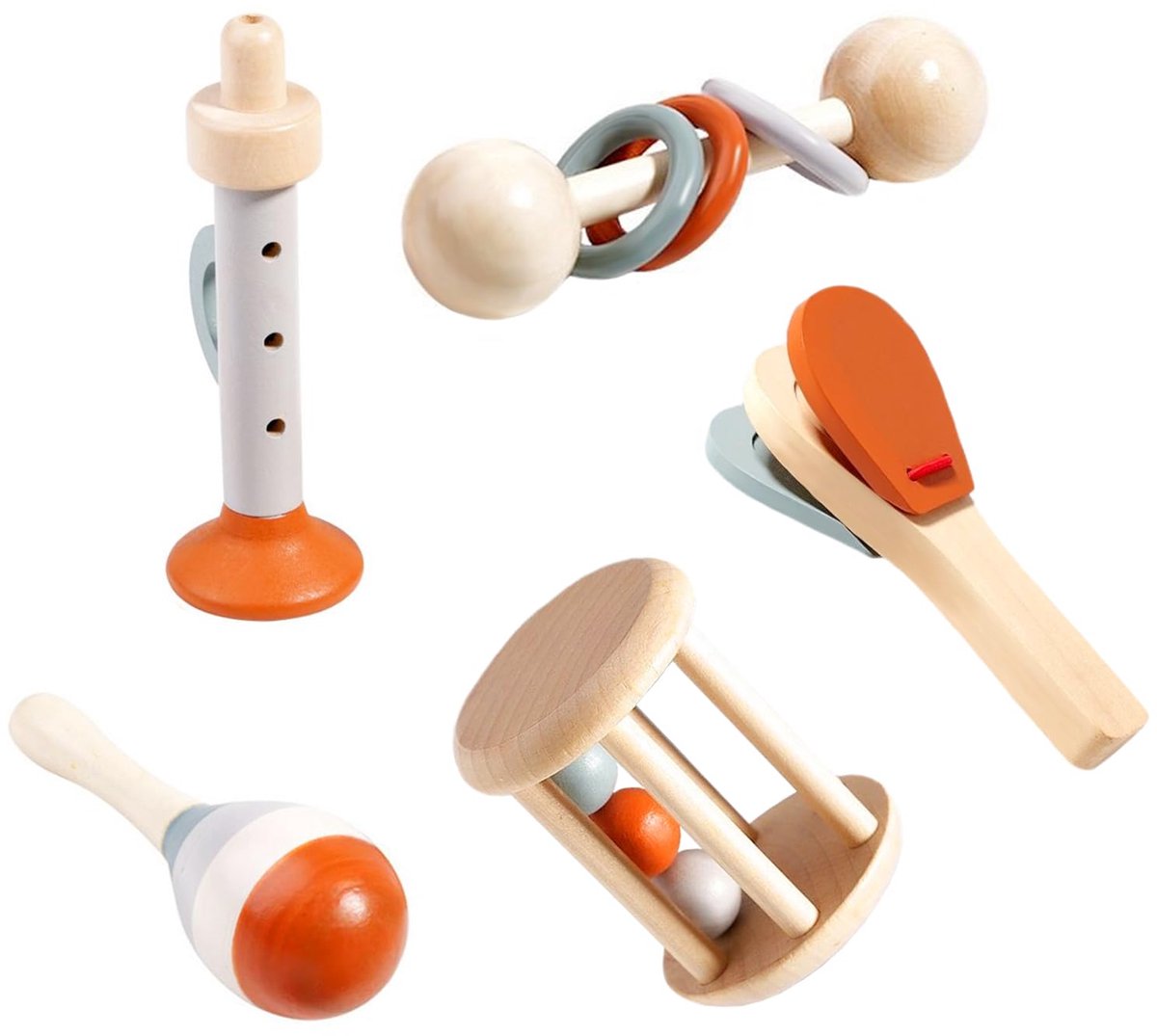 Houten rammelaar voor baby's - Organische, kleurrijke rammelaarset - Handbediende houten rammelaar voor peuters - Geschikt om vast te pakken - Bevordert de sensorische ontwikkeling - Een cadeau voor babyjongens en -meisjes