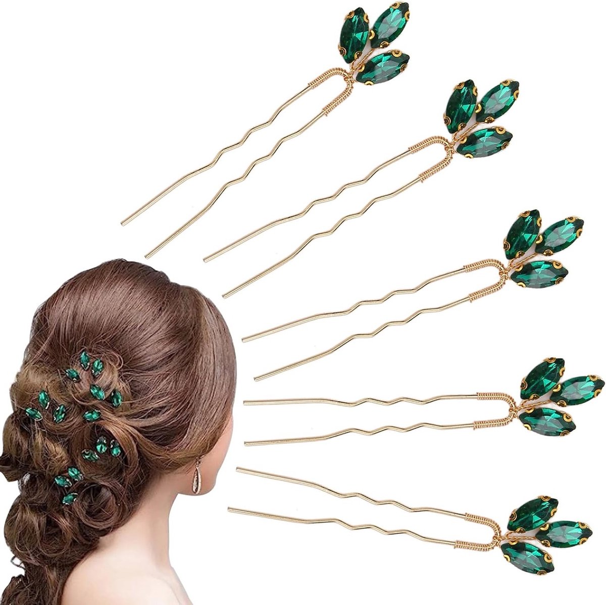 Vintage Haarspelden voor Bruidskapsels met Groene Rhinestones, U-vormige Haaraccessoires voor Bruiden en Bruidsmeisjes, Feestelijke Sieraden