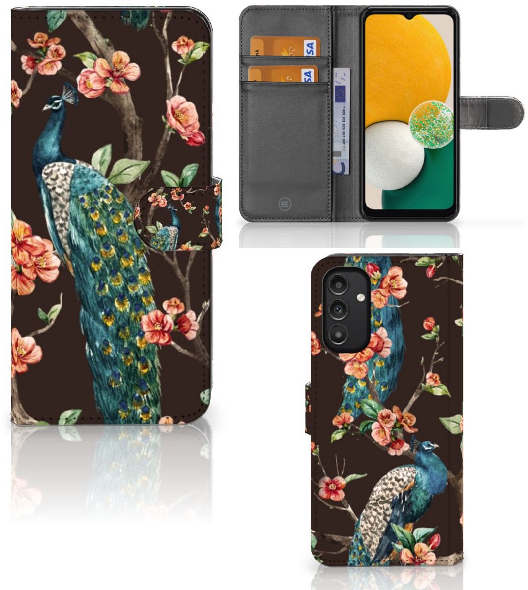 Samsung Galaxy A14 4G Telefoonhoesje met Pasjes Pauw met Bloemen