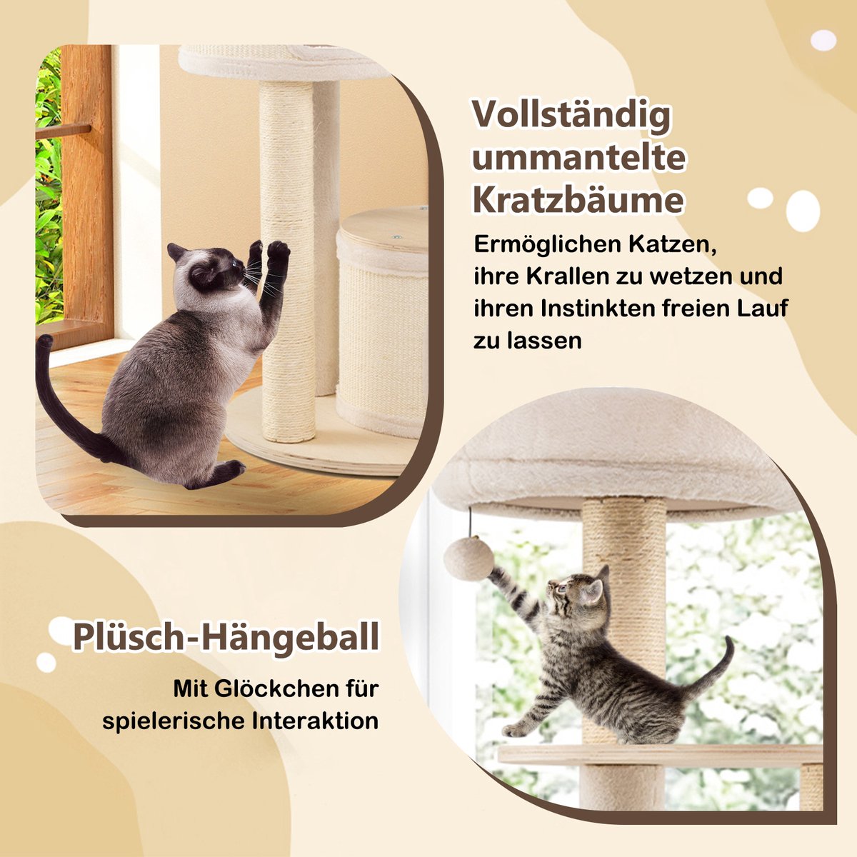 COSTWAY Krabpaal groot, kattenboom met 2 kattenholletjes, mand, sisal-krabpalen, speelbal & platform, kattenkrabpaal katten, kattenmeubel, klimboom, activiteitsboom, hout, natuur, 152 cm hoog – foto 6