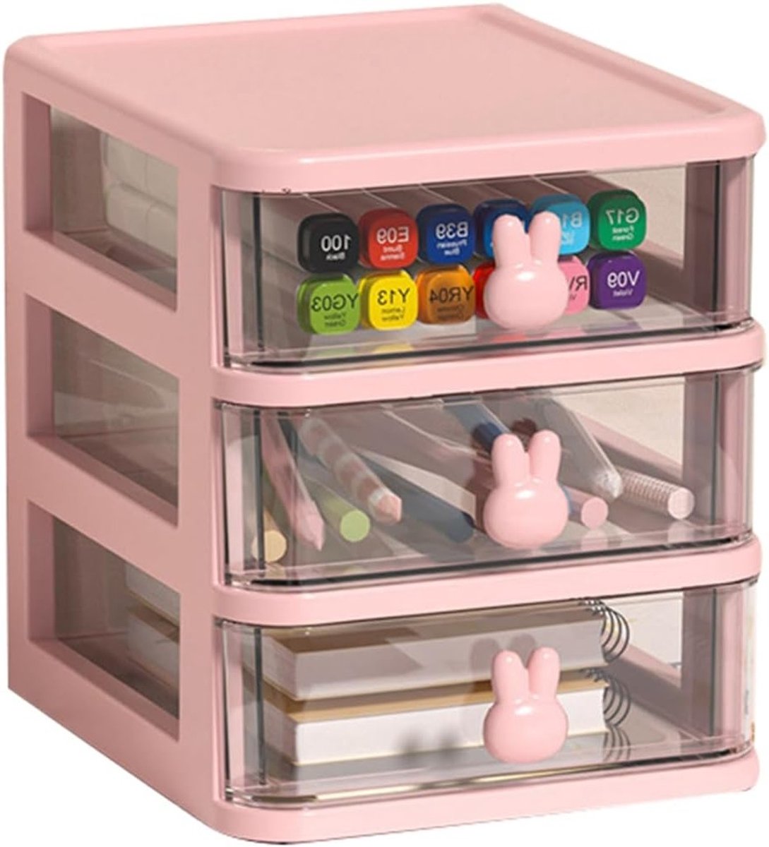 Multi-laags Plastic Lade Organizer voor Bureau, Stapelbare Opbergdoos met Konijnenhandvat, Vouwbare Speelgoedcontainer in Roze