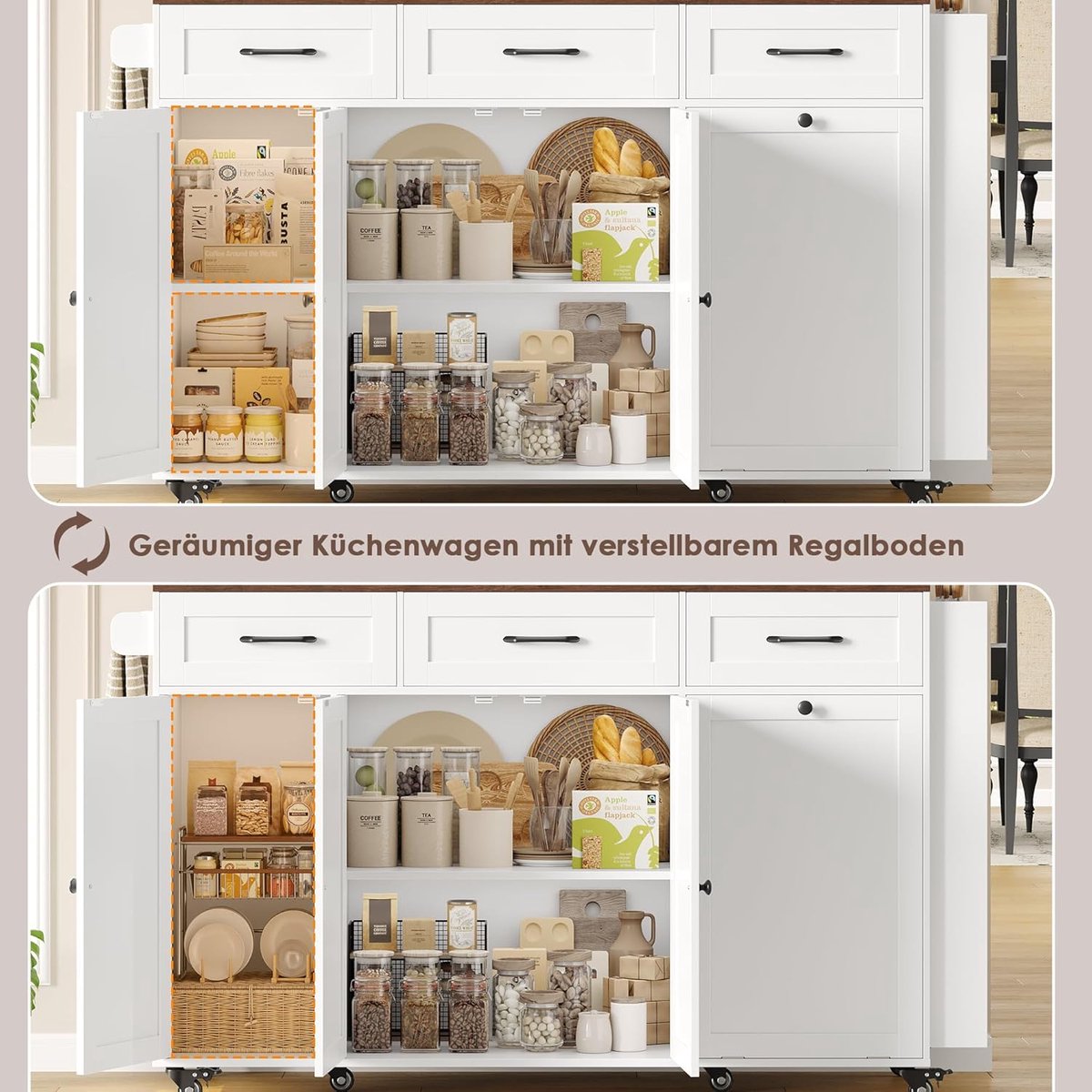 Keukeneiland op wielen met stopcontact & inklapbaar werkblad – ABTKantoor keukentrolley met afvalscheiding, messenblok en opbergruimte – 135x60x88 cm – Wit