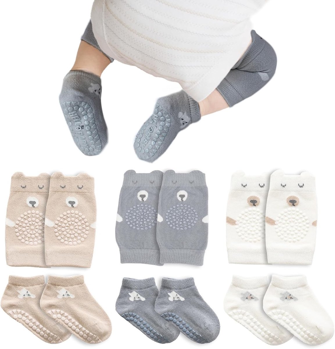 Kniebeschermers voor Baby's, 3 Paar Antislip Kniekussens en 3 Paar Kruip Sokken voor Jongens en Meisjes 0-6 Maanden, Ideaal voor Veilig Kruipen en Bescherming van Knieën