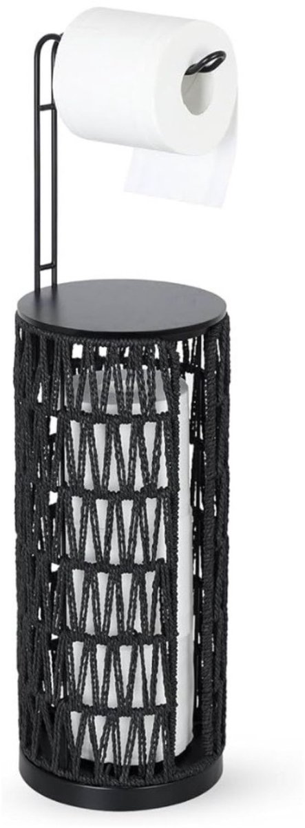 Luxaliving Vrijstaande Toiletrolhouder met Opbergruimte en Plank – Zwarte Toiletpapier Houder voor 4 Rollen – Boho Rotan Design – Staande WC Rolhouder Badkamer
