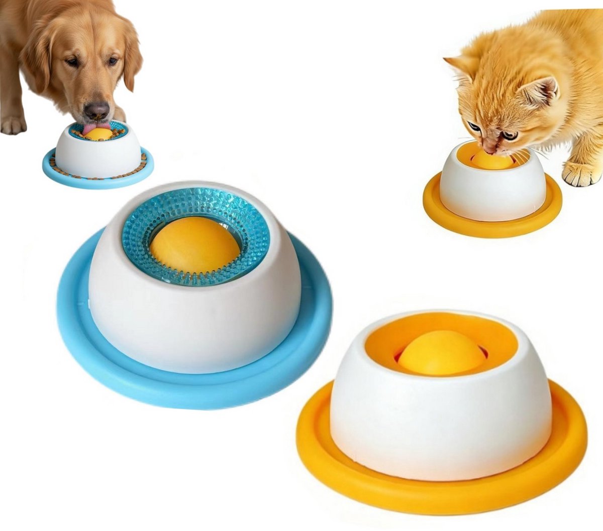 2 Stuks likschaal voor honden en katten – Antislip slowfeeder met roterende likbal voor vloeibaar en natvoer – Verrijkend speelgoed tegen angst, dat huisdieren bezig, blij en betrokken houdt.(Oranje+blauw)