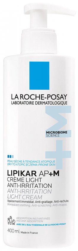 Witte pompflacon van La Roche-Posay Lipikar AP+M crème, 400ml. Met blauw logo.