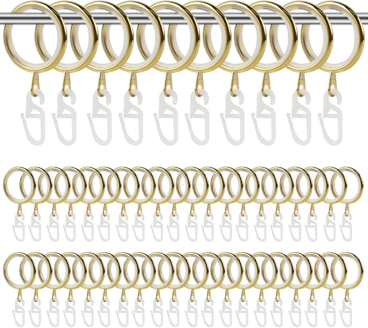 Curtain Rings met Haakjes - 50pcs Metaal - Noiseless Ring - Binnen Diameter 27mm - Voor de Meeste Gordijnroedes - Gouden Kleur