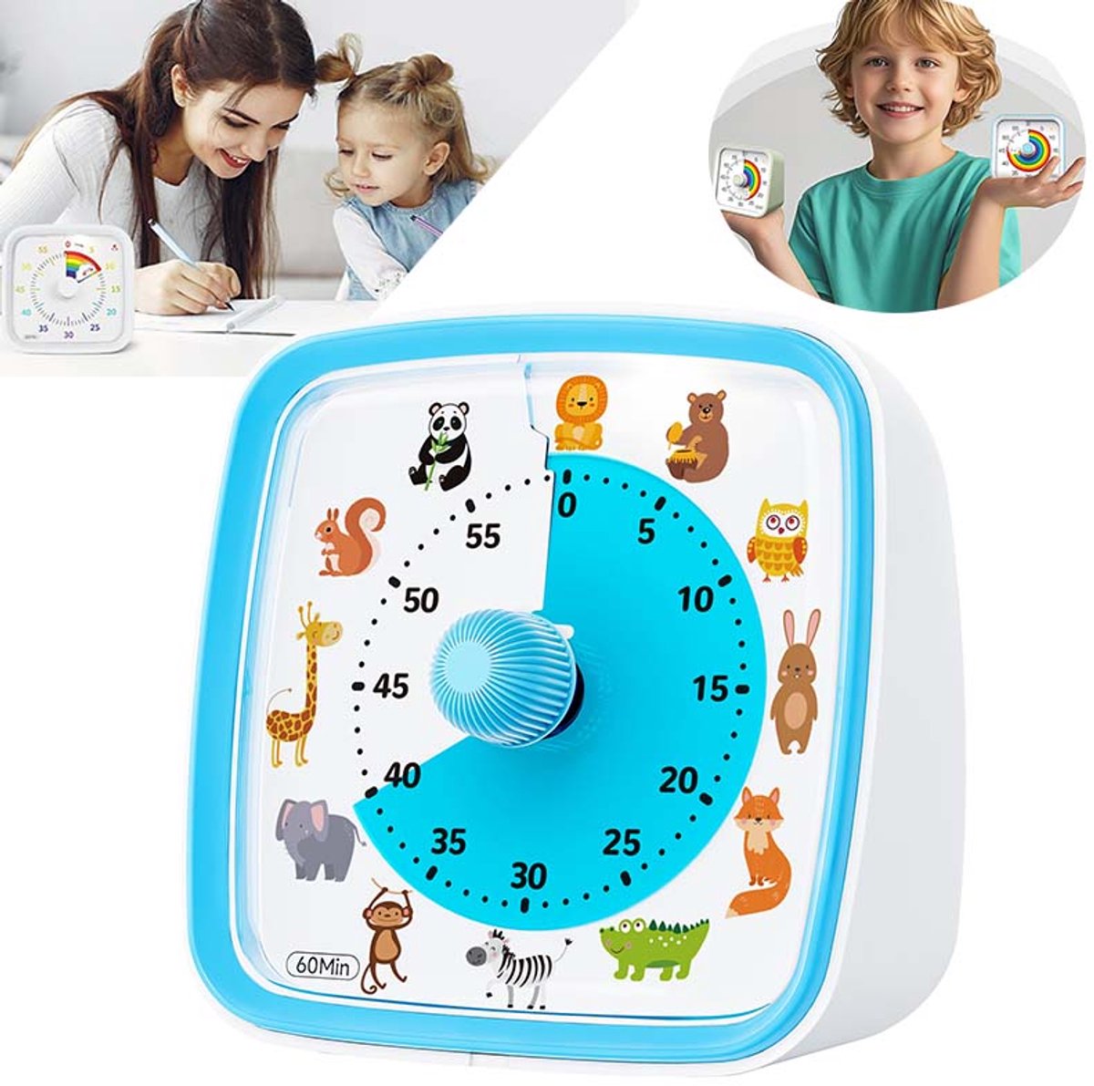 60 Minuten Afteltimer – Visuele Timer Voor Kinderen – Met Pauzefunctie – Voor Bureau, Klaslokaal, Kantoor & Keuken – Blauw (dieren)