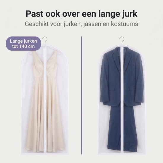Crèmekleurige jurk tot 140 cm en een blauwe herenoutfit in kledinghoezen.