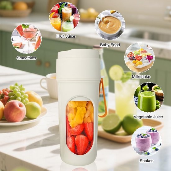 Draagbare Blender met 12 Messen - 450ml - Mini Smoothie Maker - 1500mAh Accu - 2-in-1 Design met Drinkdeksel - USB-C - Wit van Merkloos — afbeelding 4