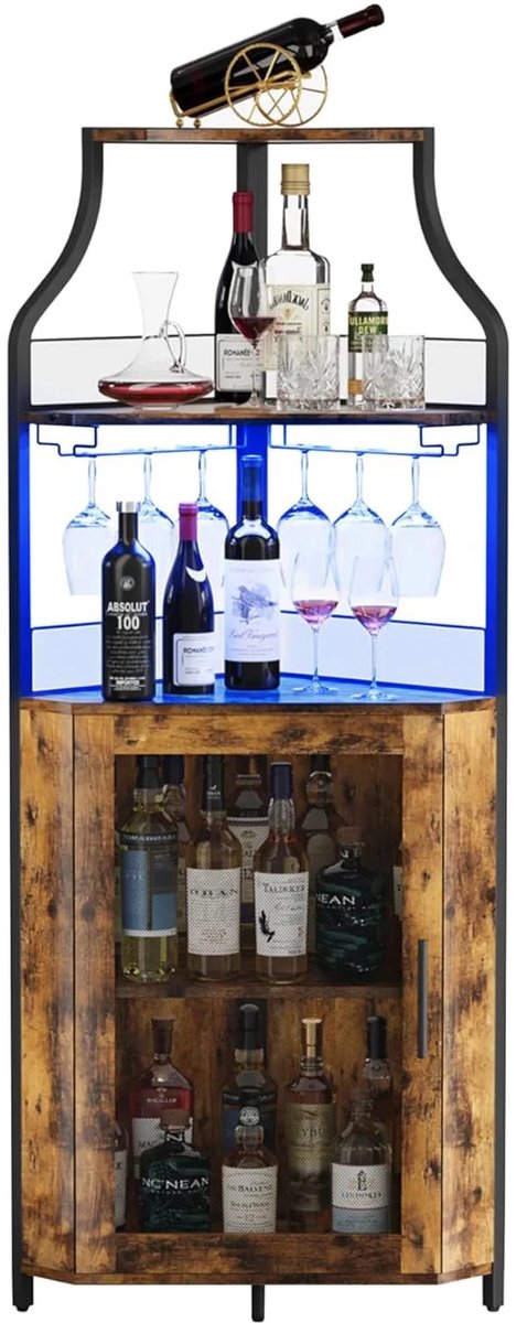 DIMICO - Hoek Wijnkast Industrieel met LED Verlichting - 47 x 34 x 154 cm - Bruin/Zwart - Barkast met Wijnrek, Glazenhouder