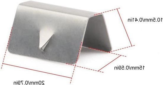 Zilverkleurige metalen klem, U-vormig met inkeping, met afmetingen van 20mm breed en 14mm hoog.