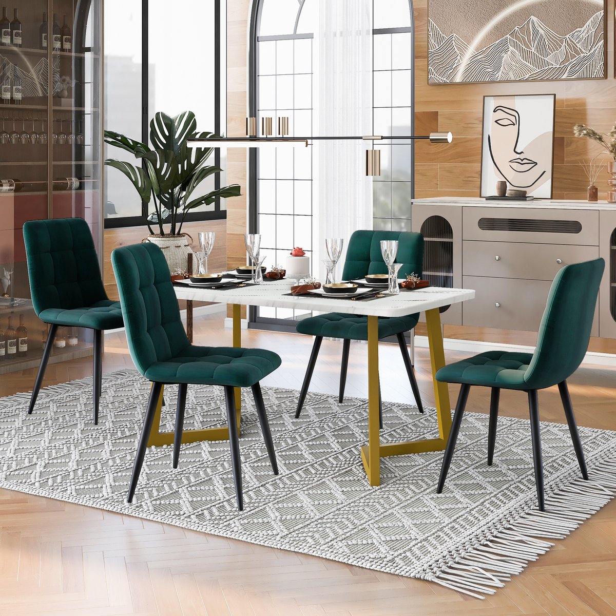 MIVRAY Eettafelset Met 4 Stoelen - Rechthoekige Tafel Met Marmerlook Blad - Voor Keuken En Eethoek - MDF Groen