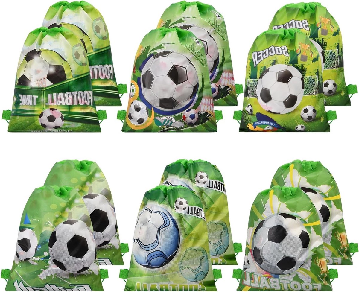 12 Stuks Voetbal Feesttassen, 13.4 x 10.6 Inch Trekkoordtassen voor Kinderen, Verjaardagsfeestjes, Snoep en Speelgoed Geschenkzakken (6 Stijlen)