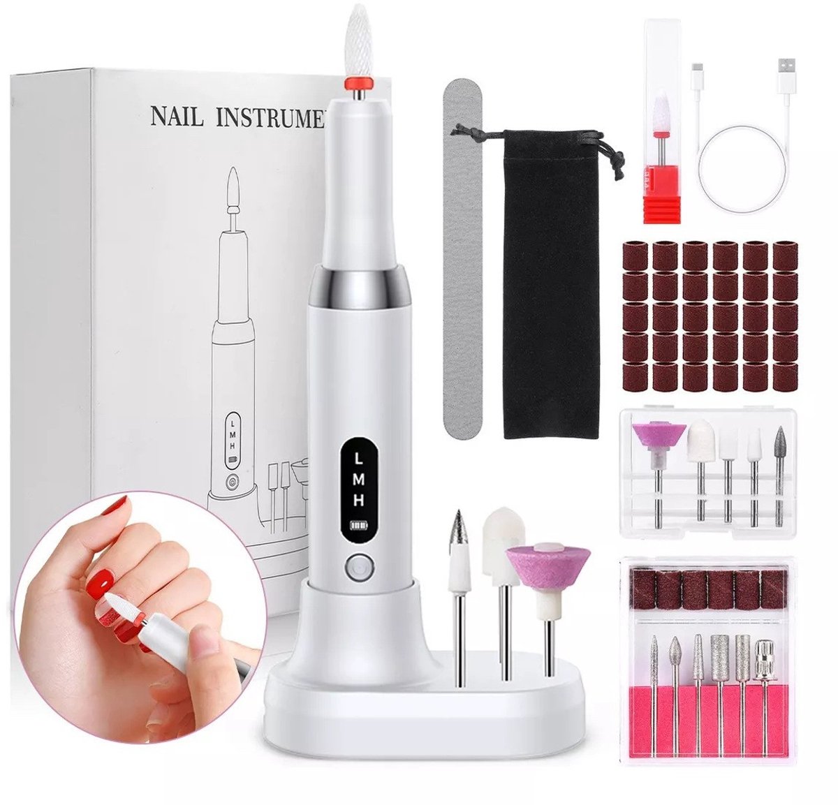 Draadloze Elektrische Nagelvijl Pro Edition - Nagelfrees - Draagbare Nagelvijl Kit - 3 Snelheden, 20000RPM, Oplaadbaar via USB Type-C, 500mAh Batterij, 14-in-1 Manicure en Pedicure Set met LED Display - Wit