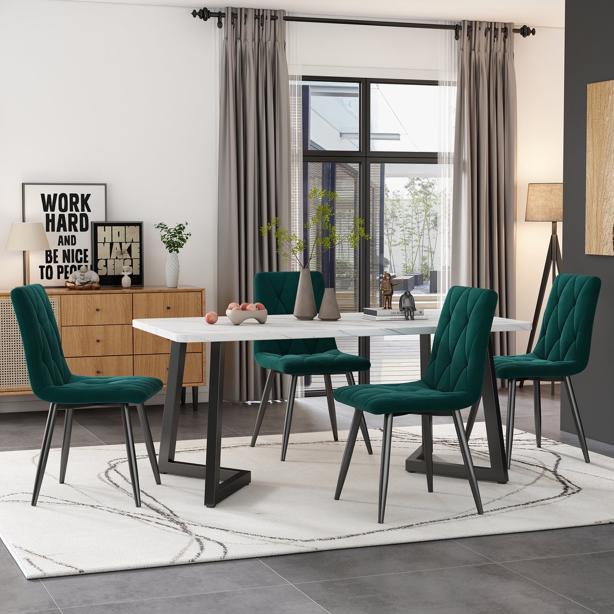 FloraGrace Eetkamerset 117 x 68 cm - Met 4 Fluwelen Stoelen - Rechthoekige Eettafel Voor Keuken en Eetkamer - MDF - Groen
