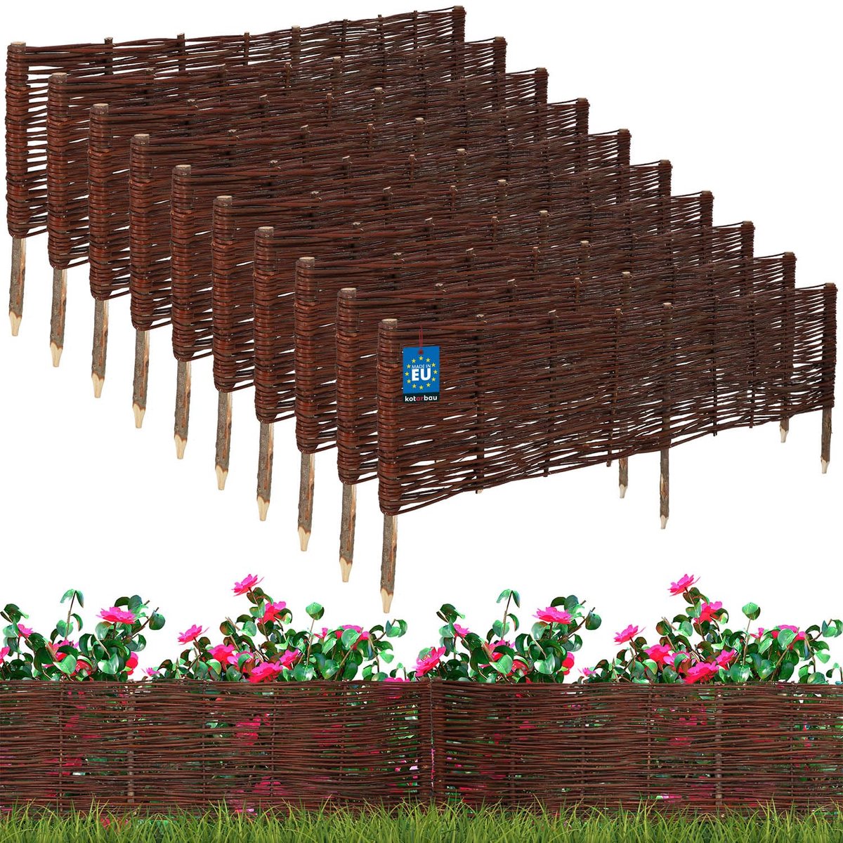 KOTARBAU® 10st Bloembedrand, Wilgenhouten Hek, Beeteinfassing, 120 x 30 cm, Bruin, Tuinafscheiding, Houten Tuinhek, Schapenhek