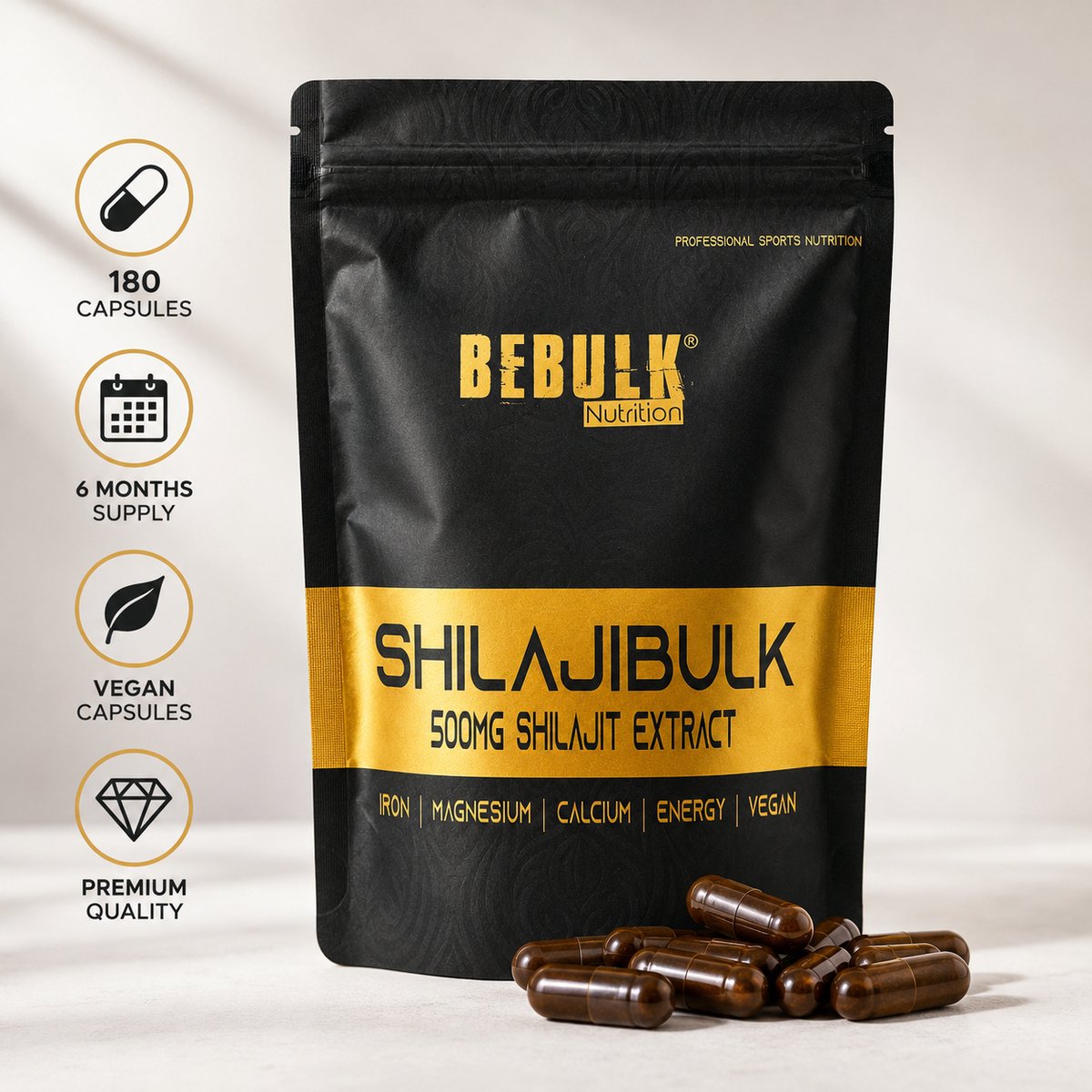 BeBulk Nutrition - ShilajiBulk - Shilajit 500mg - 180 Capsules voor 6 maanden - Vegan - Libido - Stress - Energie - Testosterone - Zonder onnodige toevoegingen - Past Door Brievenbus - Hoge Kwaliteit - Geproduceerd in Nederland