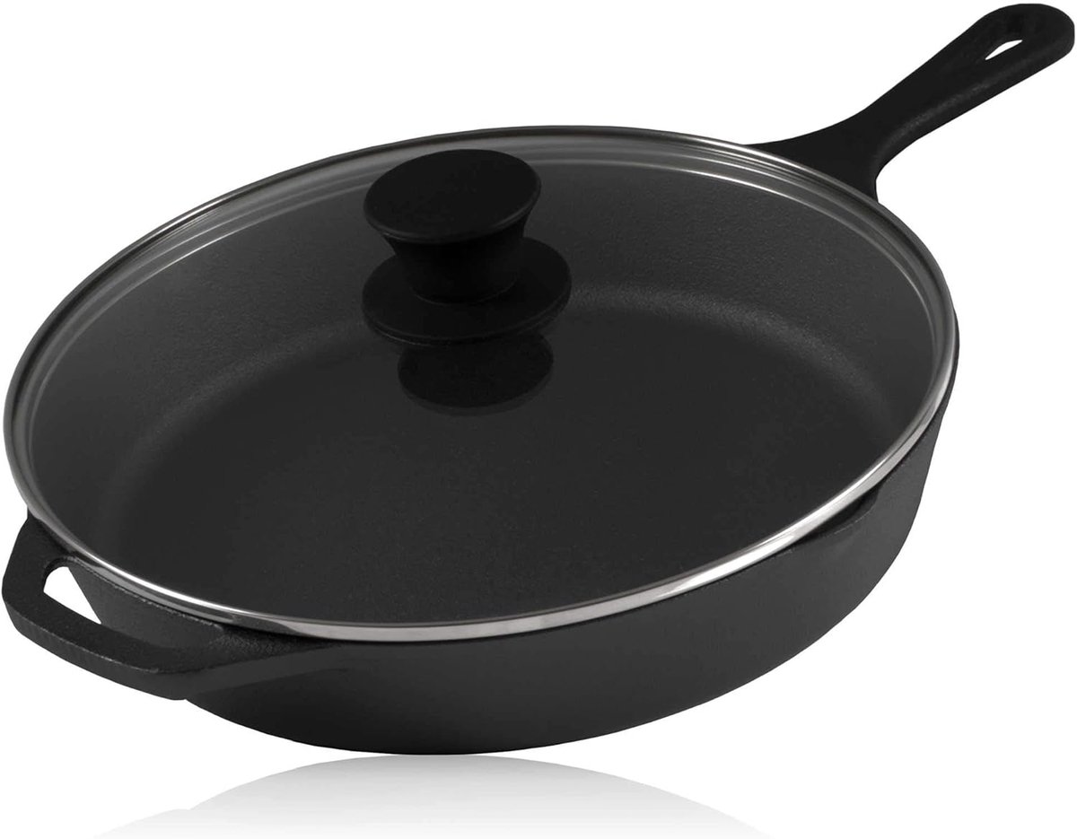 BBQ-Toro Gietijzeren grillpan met glazen deksel (Ø 30 cm) | gietijzeren pan, grillbraadpan, braadpan met deksel, steakpan