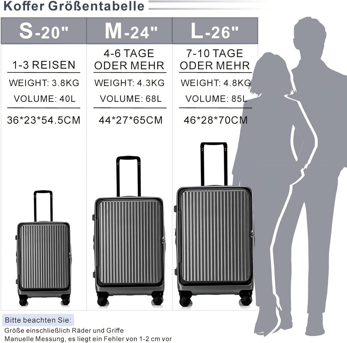 Harde Koffer Trolley - Uitschuifbaar en Met Dubbele Wielen - Handbagage en Reisbagage Set - Zwart – foto 4