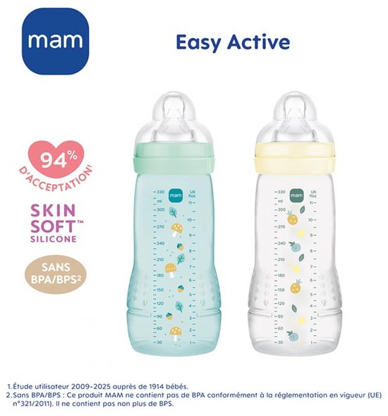MAM Easy Active 2 Zuigflessen 2e Fase 330 ml 6 Maanden en + Zeer Snelle Doorstroom (Kleur : Parel/Watergroen) — afbeelding 2
