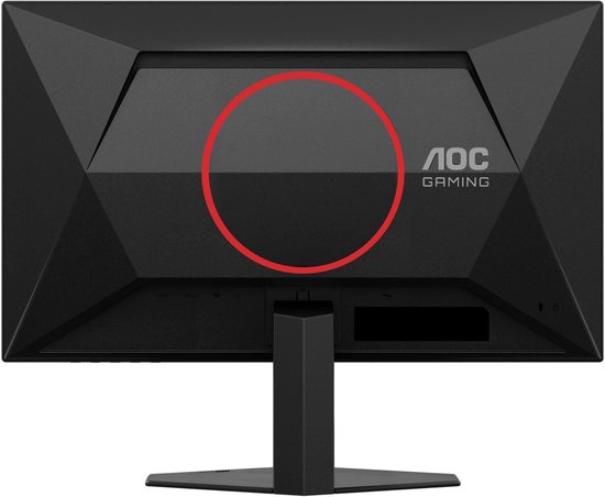 Achterkant van een zwarte AOC Gaming monitor met schuine lijnen en aansluitingen.