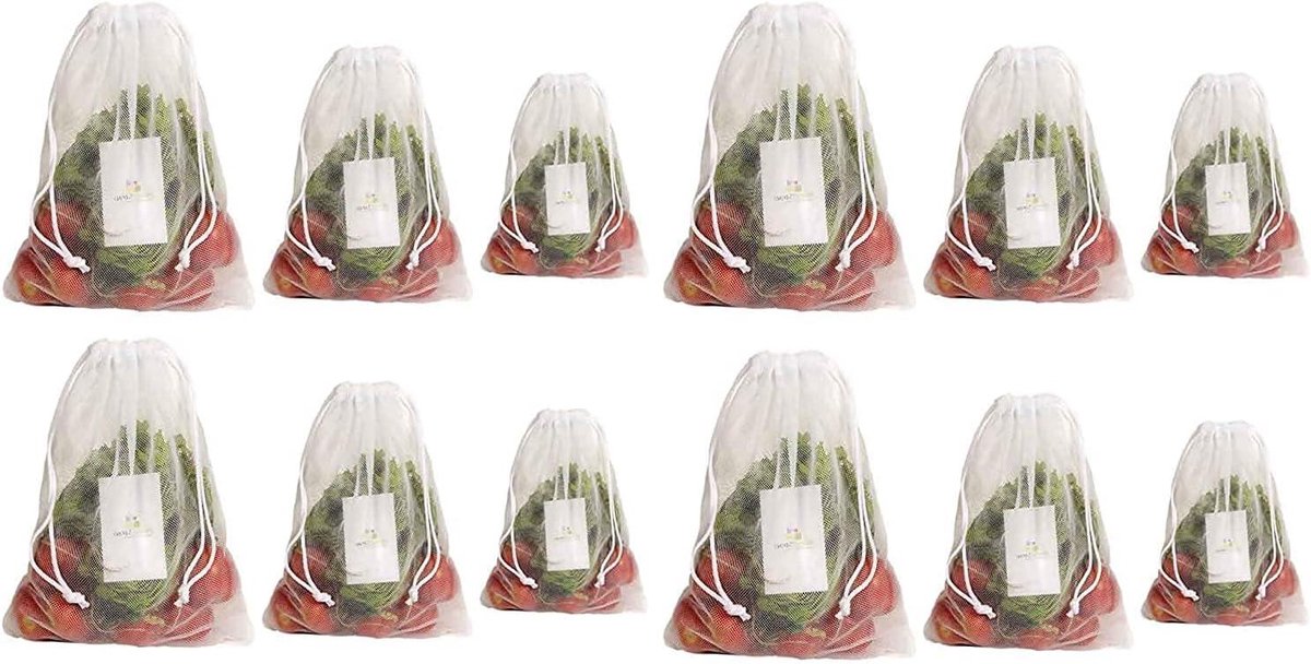 Herbruikbare Opbergzakken - Mesh Zakjes - Koelkast Organiseren - Dubbellaags Gaas - Set van 12 - Wit