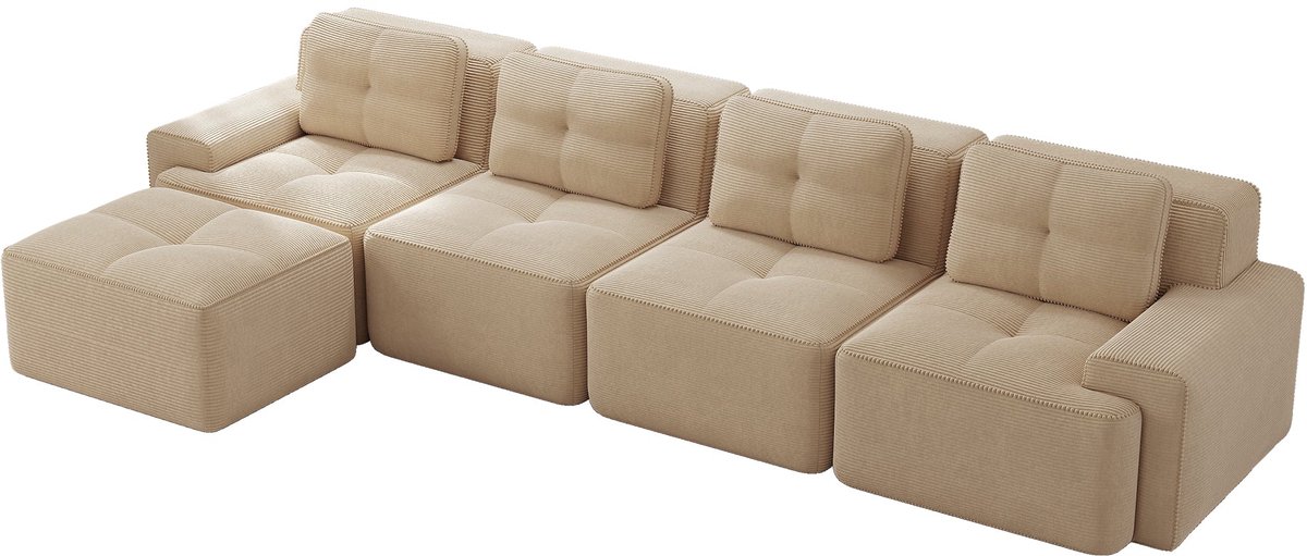 Merax L-vormige Cloudbank 4-Zits - Beige Ribstof Bank 382 cm - Modulaire Loungebank met Hocker - Diepe Zitting - Geen Montage Nodig
