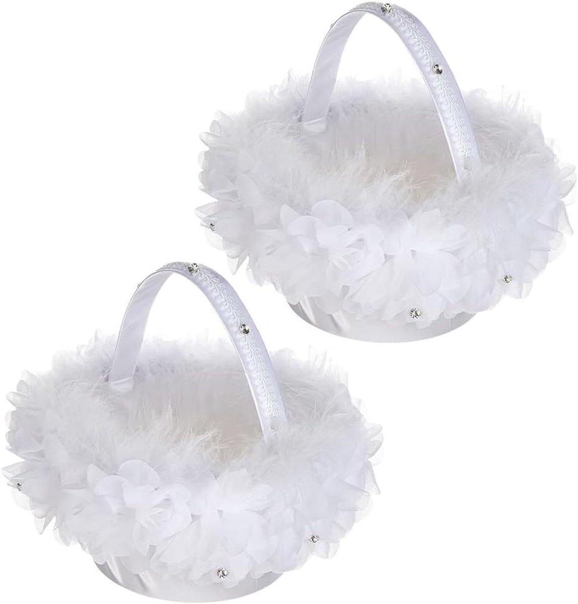 Bloemenmandjes Set - Bruiloft Decoratie - Ceremonie Strooien - Met Kant en Parels - 20 cm - Wit