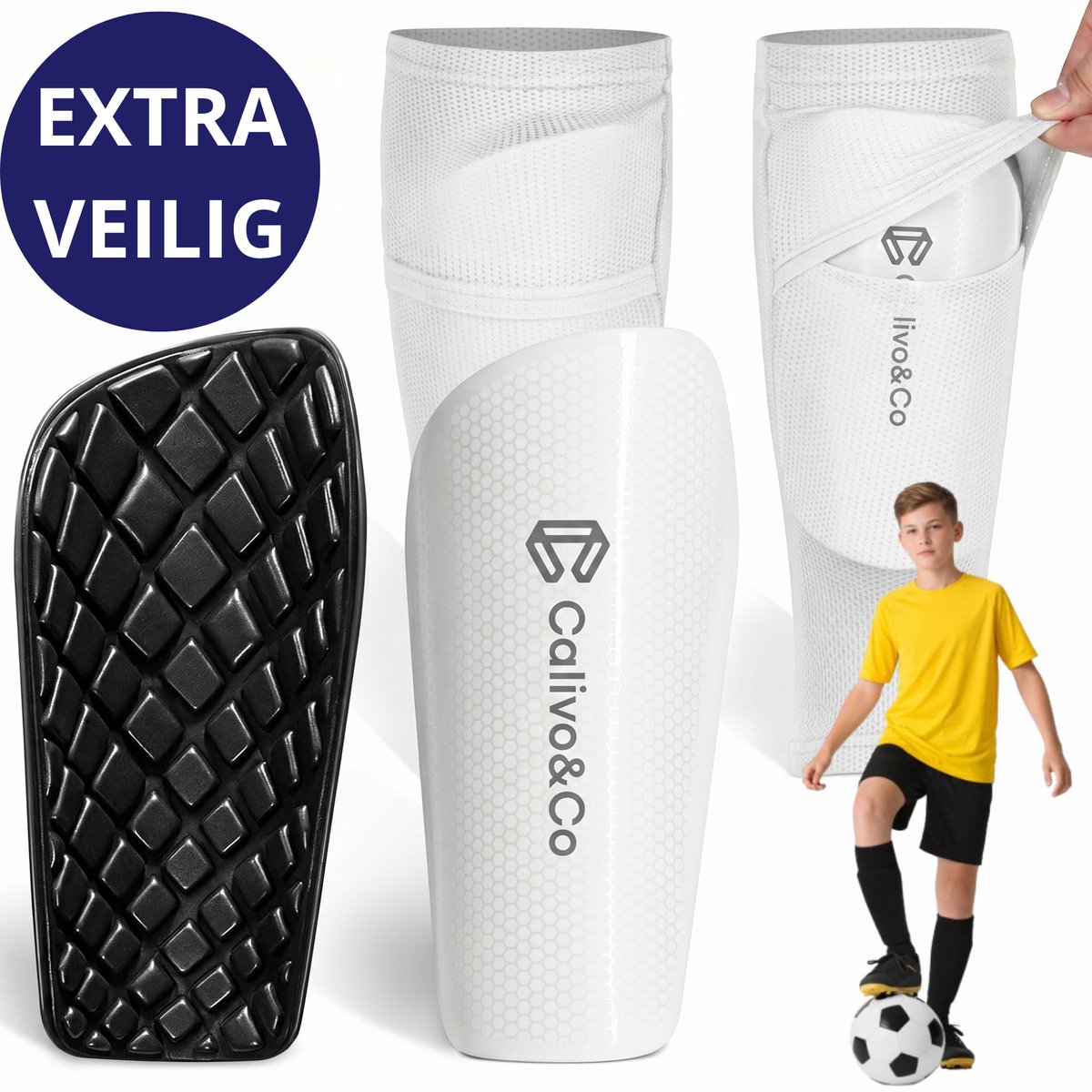 Calivo&Co® Kids Scheenbeschermers Voetbal + GRATIS extra paar sleeves (t.w.v. €12,95) - Scheenbeschermers voetbal kind – Voetbal scheenbeschermers - Shin Pads – Scheenlappen - Wit – Maat XL