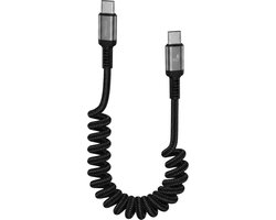 Phreeze USB C kabel Uitrekbaar CarPlay 60W 1M Nylon Fast Charge Zwart - USB-C Kabel geschikt voor Apple CarPlay & Android Auto - USB C naar USB C - 60W USB kabel - Krulsnoer - Spiraalsnoer - Uitrekbare USB C kabel - Datakabel USB C