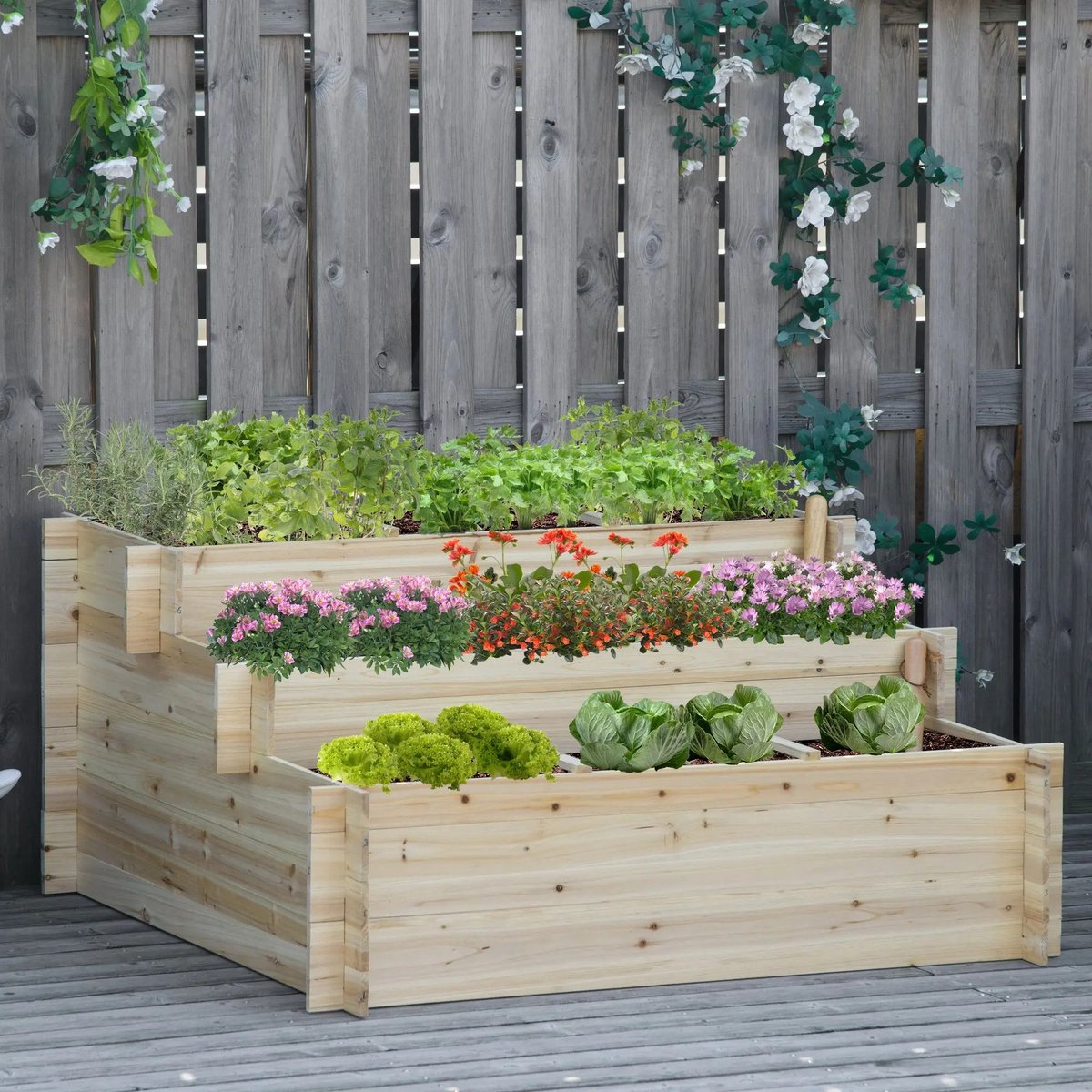 JRG Verhoogde Houten Plantenbak - Moestuinbak Buiten - Kweekbak met 3 Niveaus voor Groenten Bloemen Kruiden - 117x100x54 cm