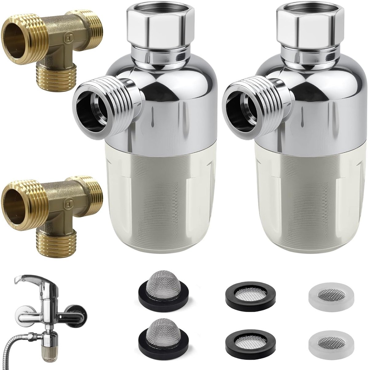 Waterfilter Set voor Douche - Roestvrijstalen Voorfilter voor Waterverwarmers met 3-Wegslangverbinding voor Wasmachine, Waterkraan en Toiletten