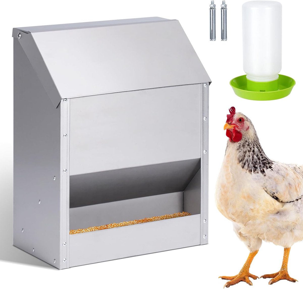 RVS Kippenvoerautomaat 10kg - Hangende Voerdispenser voor Kippen, Eenden en Gevogelte