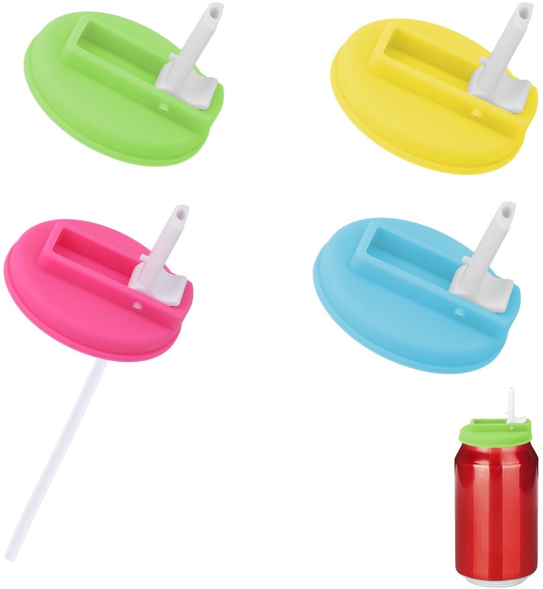 MTTproducts- Deksel 5 cm - Dekselhouder - Herbruikbaar - Silicone/Plastic - 4 Stuks - Inclusief 8 Rietjes - Blikdeksel